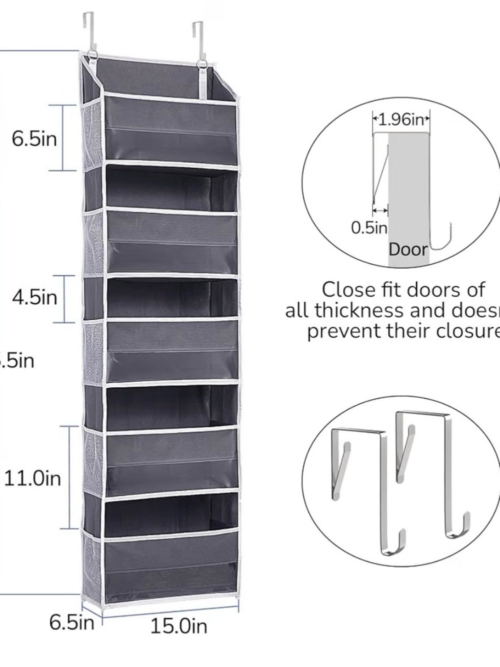 Dark Grey, Hanging Over-Door Organizer with Clear Front Pockets - Picture 2 of 2